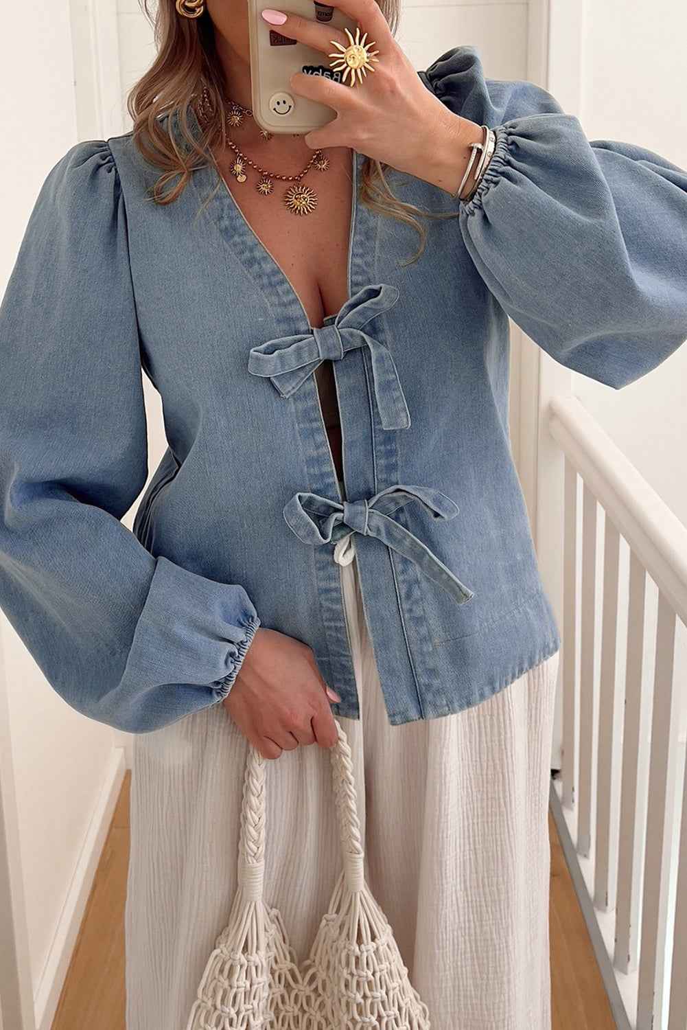 Dusk Blue Bow Tie Front Puff Sleeve Denim Top Dusk Blue 85%Cotton+15%Polyester 535e34b45ec8aa7d