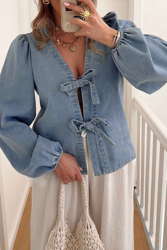 Dusk Blue Bow Tie Front Puff Sleeve Denim Top Dusk Blue 85%Cotton+15%Polyester 535e34b45ec8aa7d