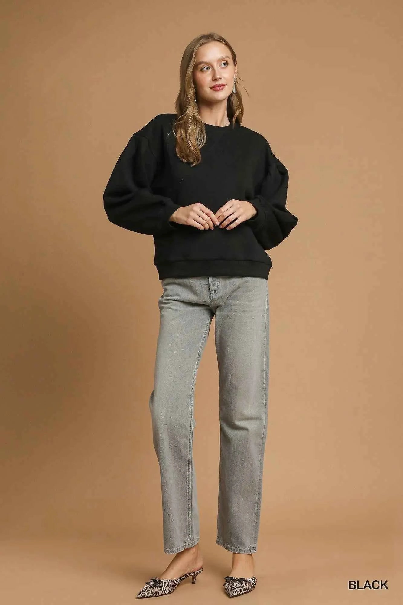 Umgee Round Neck Sweatshirt with Pleated Detail 5360103c-6dbb-4294-94fc-48a588043a56-Max-Origin