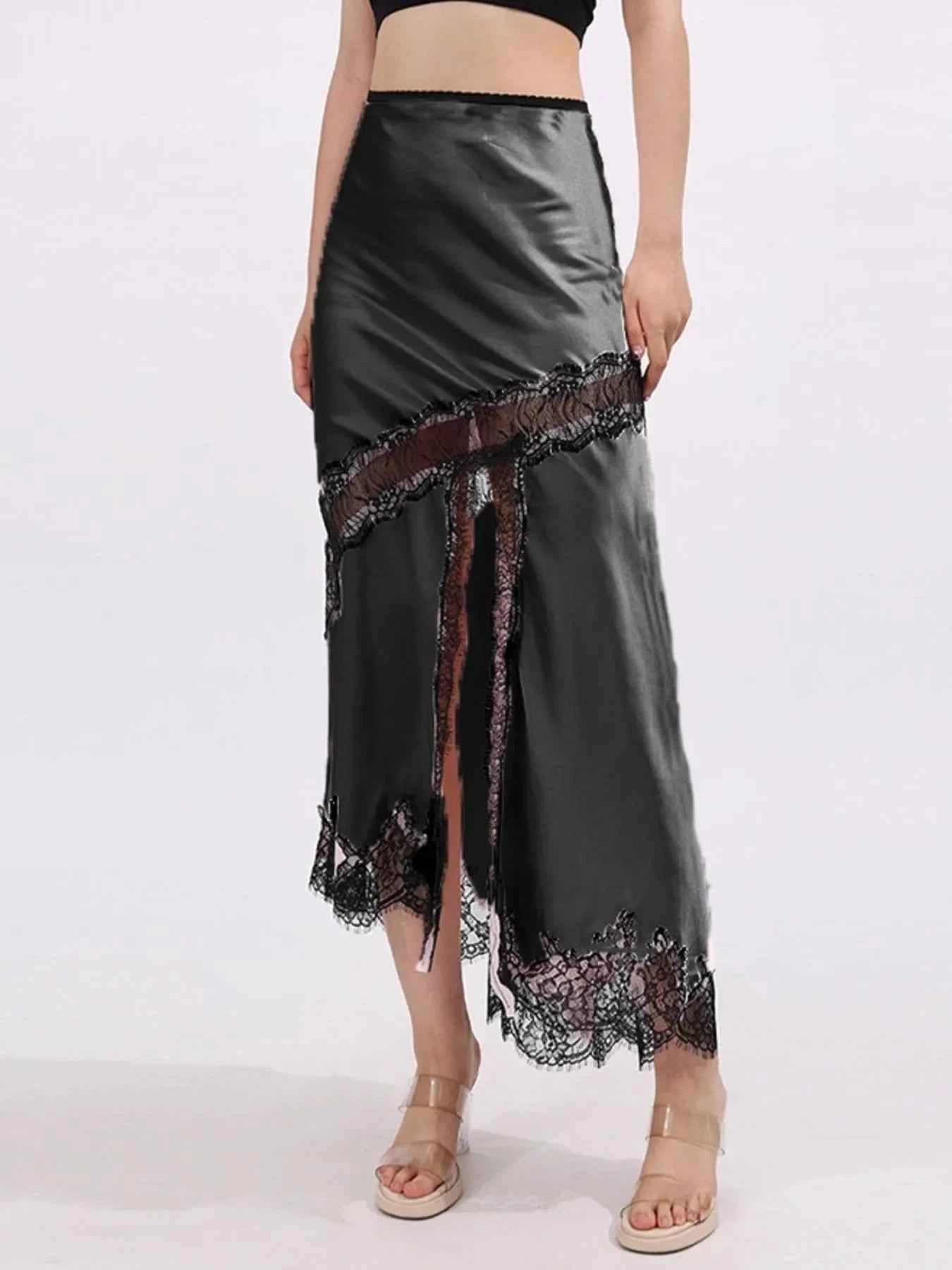 Lace Trim Asymmetrical Midi Skirt Black 536435cd-48d7-41fa-96e6-91fbc3aee425-Max-Origin