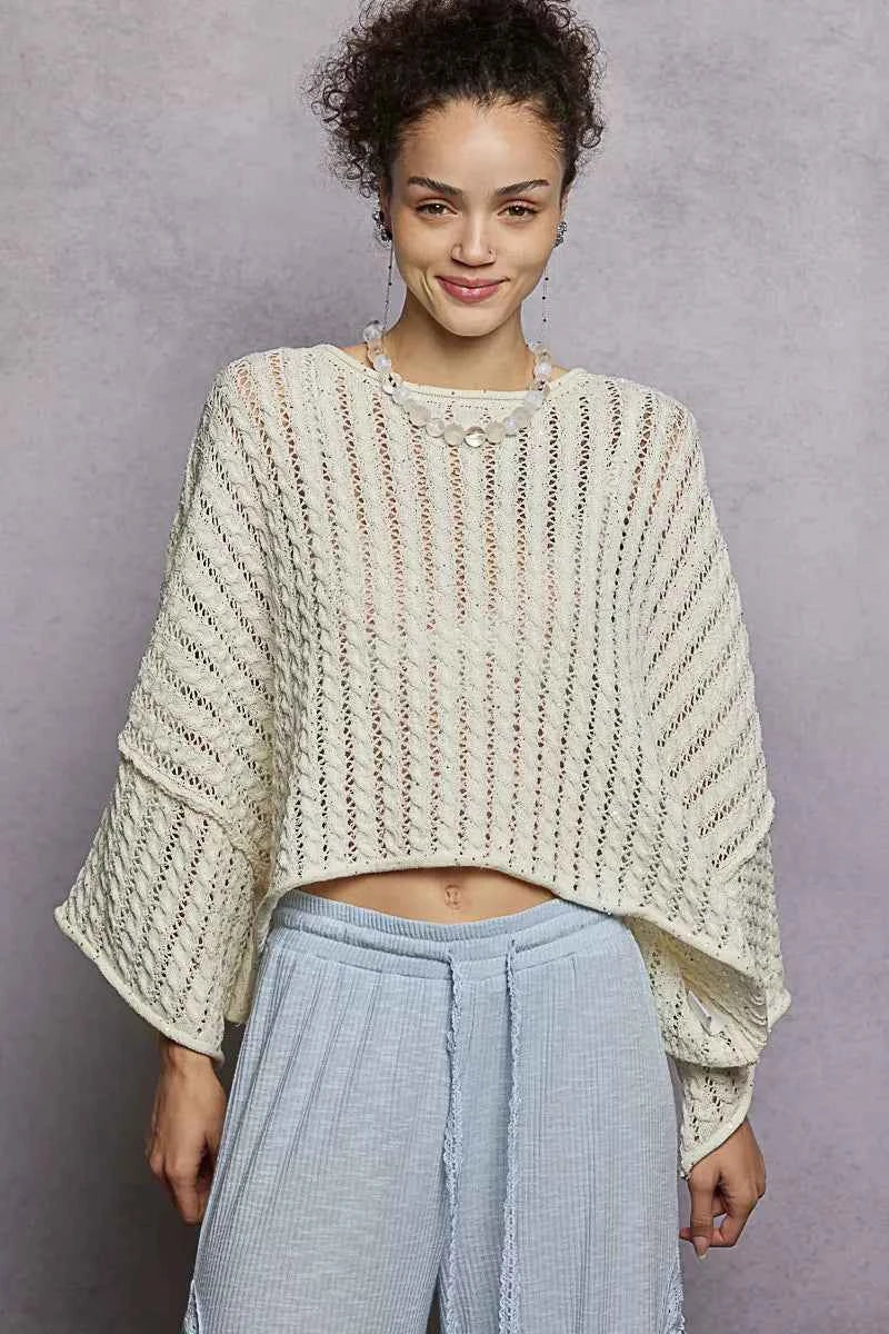 POL Cable-Knit Openwork Round Neck Cropped Sweater IVORY 53658632-9d4f-4285-9410-7a2ae26b0eb7-Max-Origin