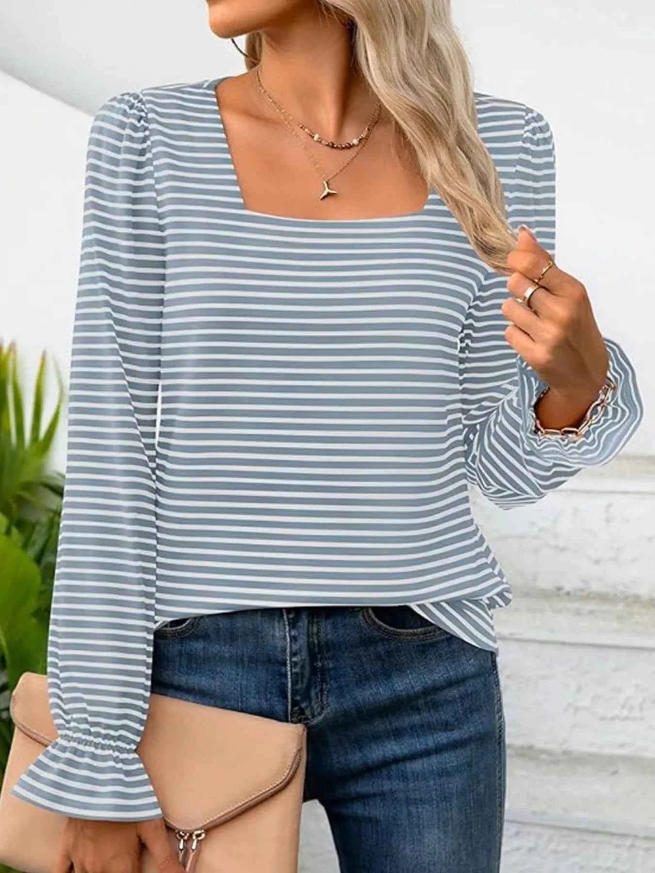 Striped Long Sleeve T-Shirt with Square Neckline Light Blue 536931d323984d77b61cc77d7924490c-Max-Origin