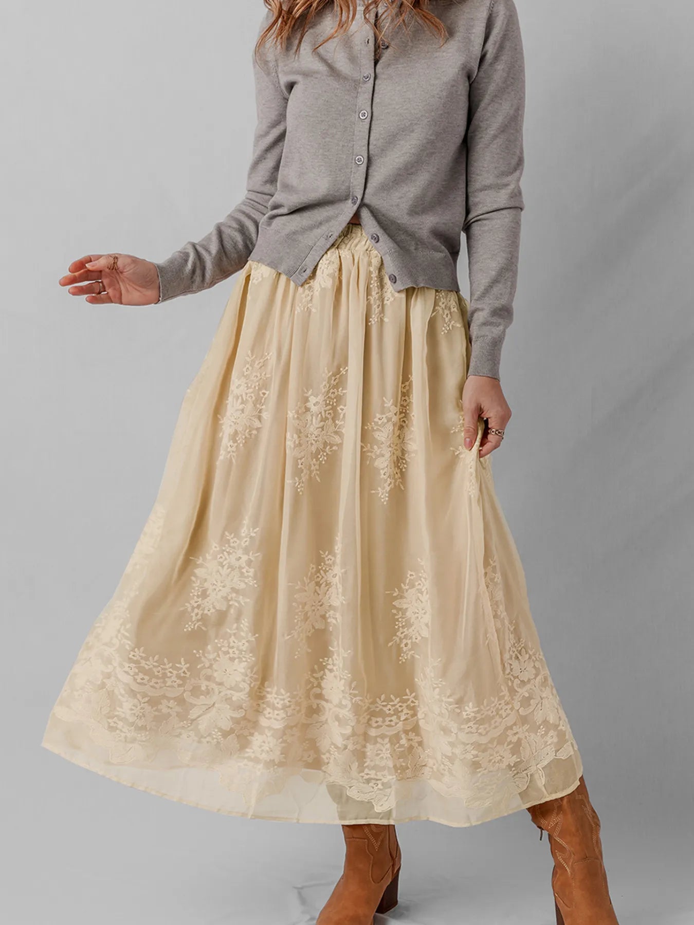 Embroidered Mesh Overlay Flowy Midi Skirt Oatmeal 536a75db90744251a1b11440b6f701aa-Max-Origin