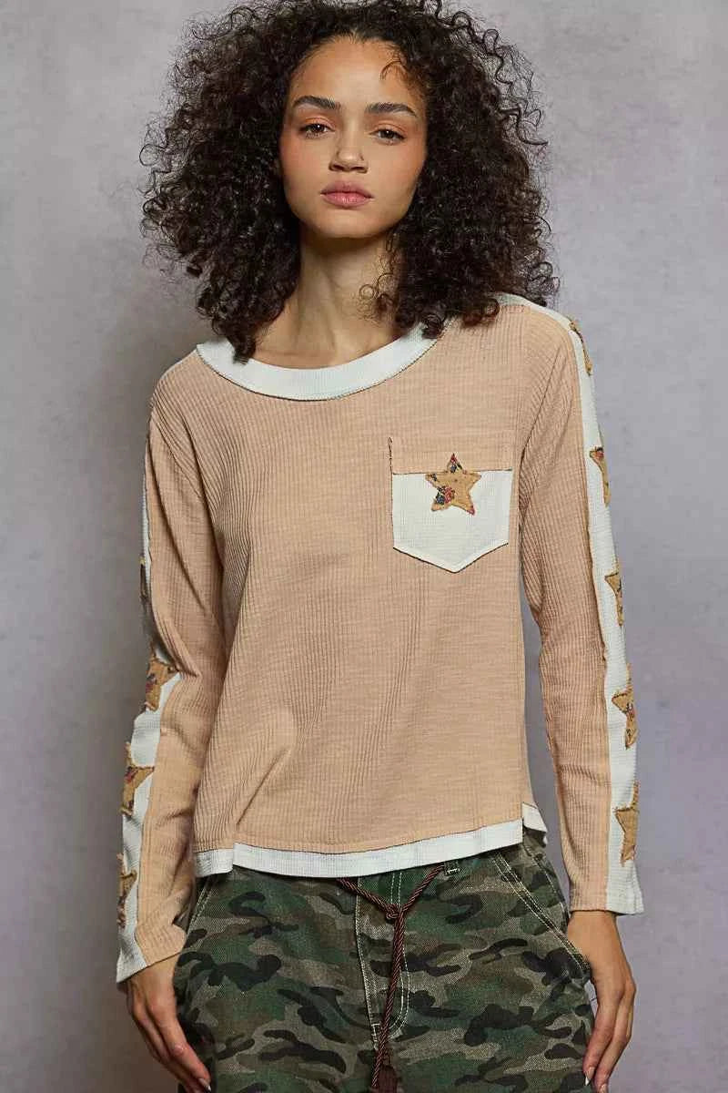 POL Round Neck Long Sleever T-Shirt with Star Patch NUDE BEIGE 5370d56e-eb7e-42b3-a7d6-273a086ae05b-Max-Origin