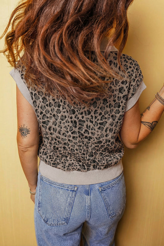 Beige Zip up Collared Leopard Cap Sleeve Top 53720dd9bd5da631