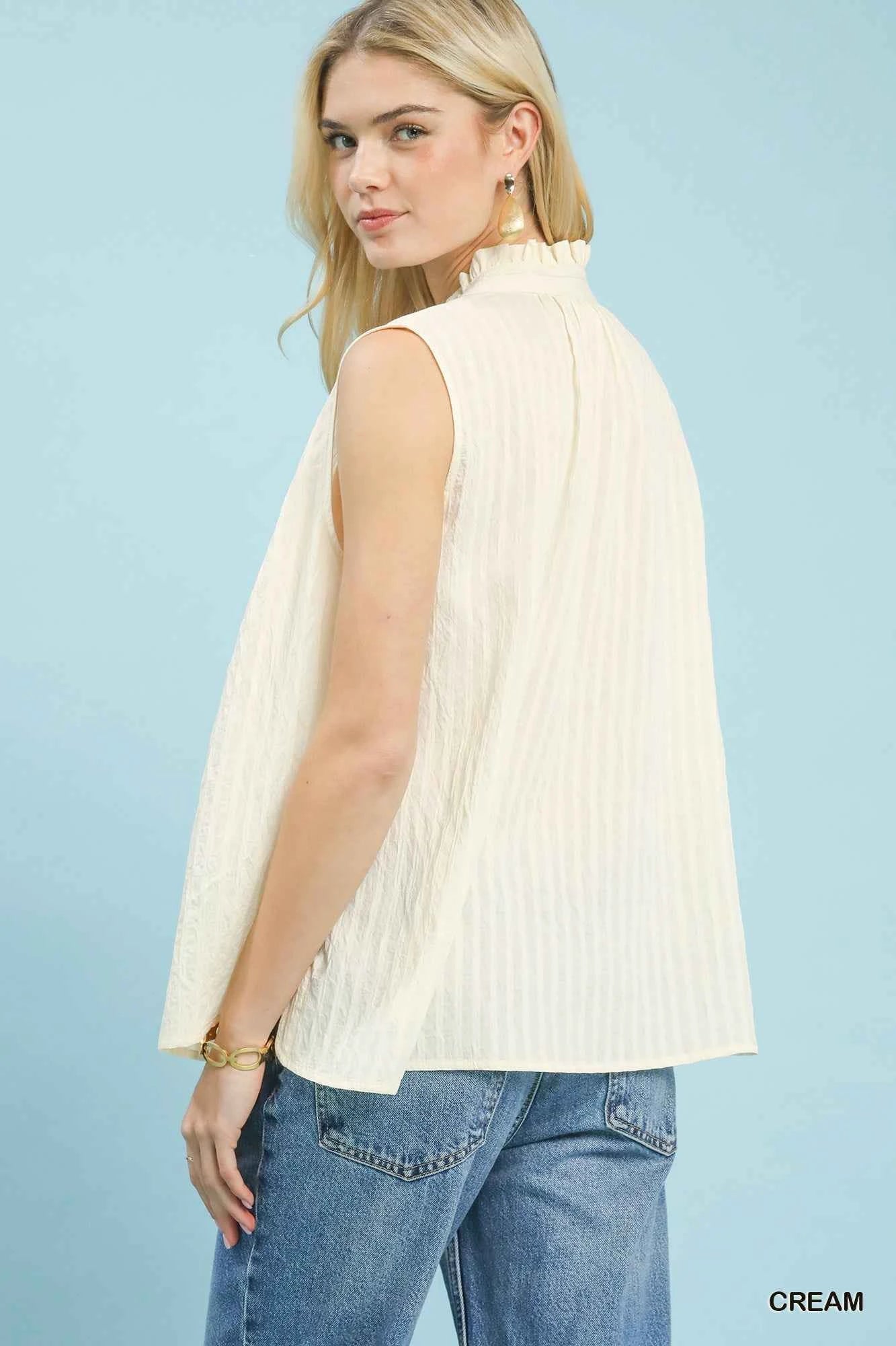 Umgee Sleeveless Textured Split Neck Top 53739e79-77df-4f46-857d-a9c22c9010a3-Max