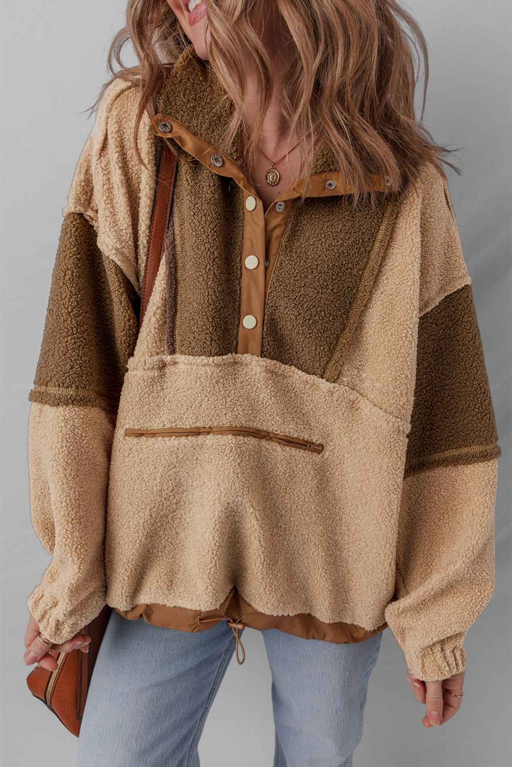 Straw Yellow 2-tone Color Block Patchwork Half Button Sherpa Sweatshirt Straw Yellow 100%Polyester 53761ee6fa6722df