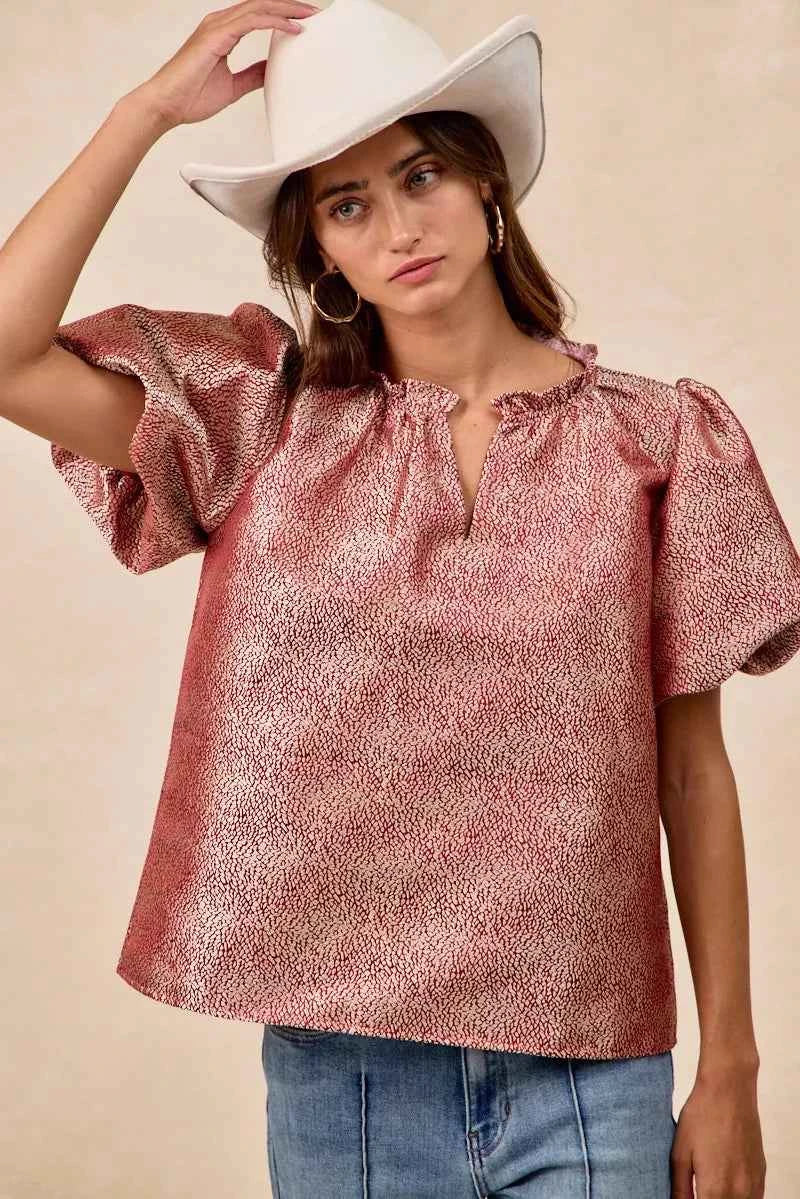 BiBi Jacquard Woven Short Balloon Sleeves V Neck Top 5383bdd7615f43d9a4eb5b9affeaf66e-Max-Origin