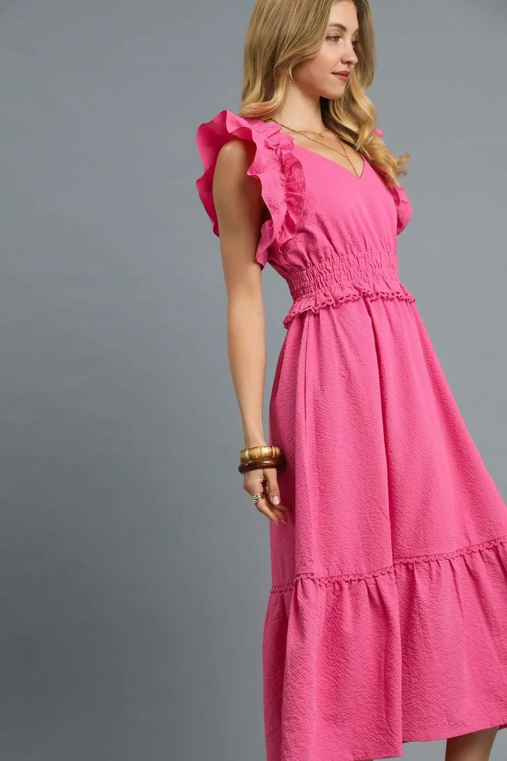 Umgee V-Neck Ruffled Cap Sleeve Midi Dress 53877d60-5f52-459e-b581-0f3aa152d113-Max-Origin
