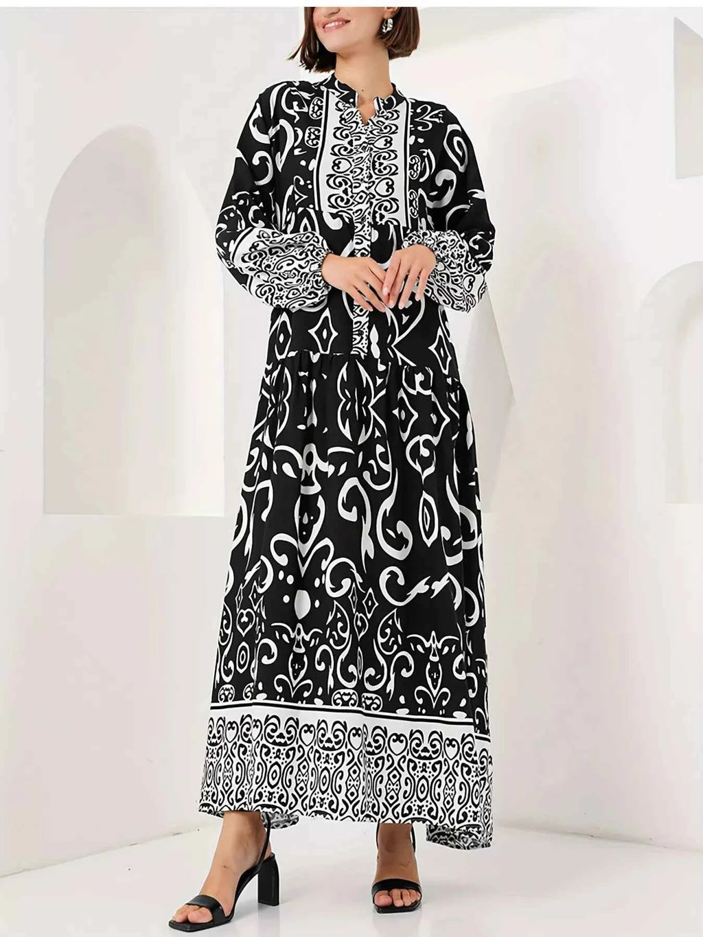 Printed Notched Balloon Sleeve Maxi Dress 538c614df784427b9a02142e0f8a32dd-Max-Origin