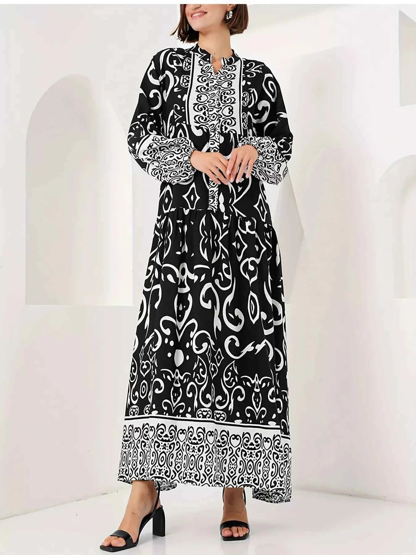 Printed Notched Balloon Sleeve Maxi Dress 538c614df784427b9a02142e0f8a32dd-Max-Origin