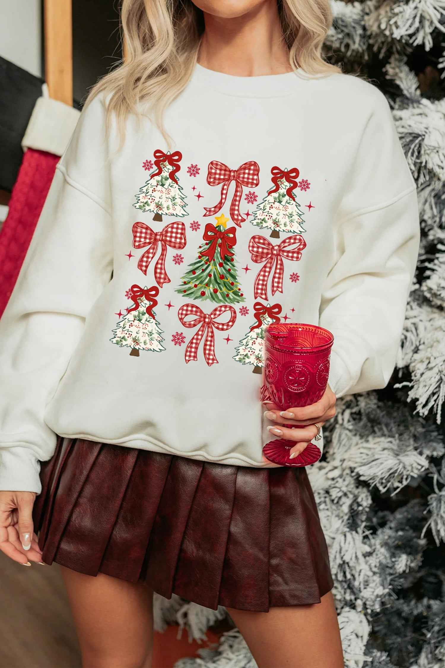 White Christmas Tree Ribbon Bow Printed Drop Shoulder Sweatshirt 53943dfe918c1ff2