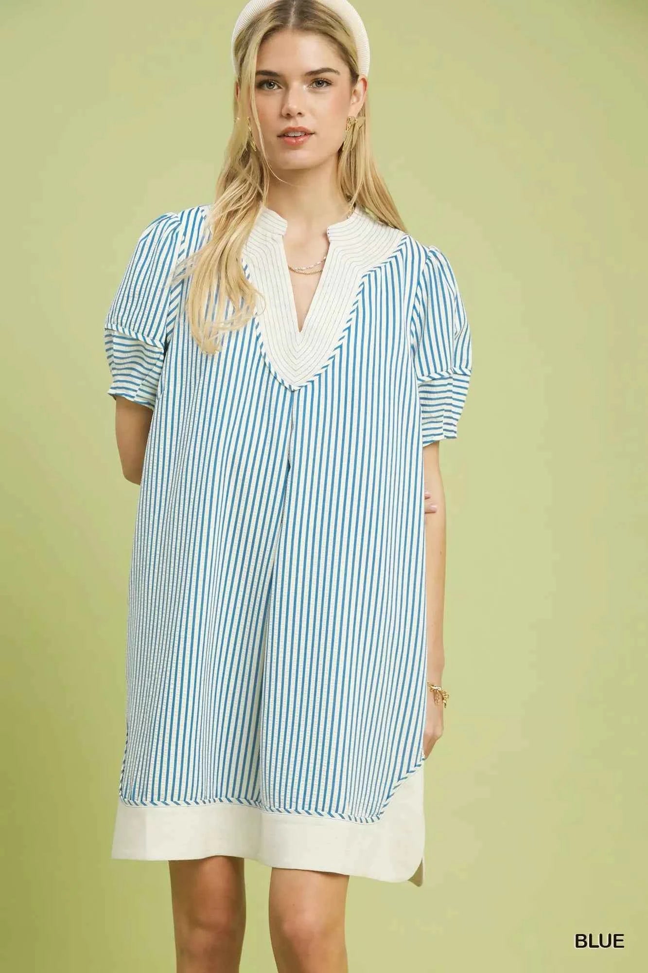 Umgee Pinstripe Shift Dress with Contrast Trim BLUE 5397077c-3fd3-4f0a-91a8-4d06825342e0-Max-Origin