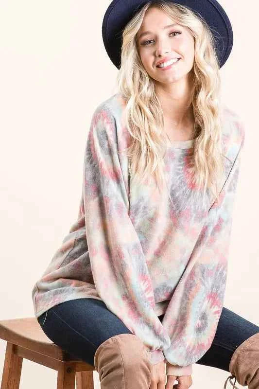 Brushed Tie Dye Print Top with Puff Sleeves 539d023c3d5342a9b6ccb34084567f35-Max-Origin