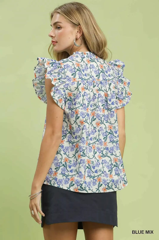 Floral Print Ruffle Cap Sleeve Shirt 53aa4e68-b53e-4155-abb5-57eace28b2ff-Max-Origin