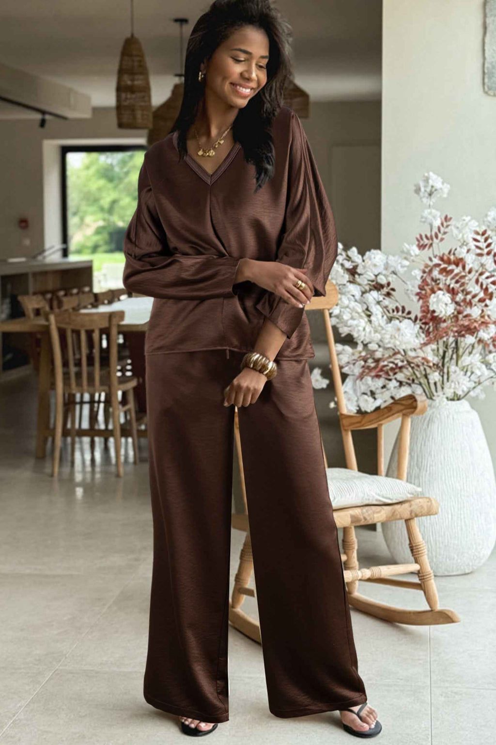 Dark Brown Braided V Neck Long Sleeve Loose Top and Drawstring High Waist Pants 2pcs Outfit 53b600cc1856ac1e