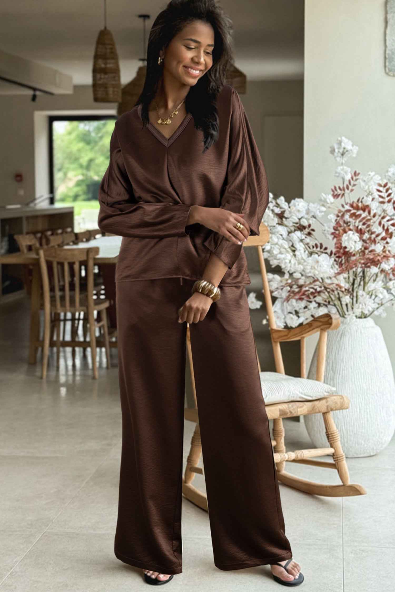 Dark Brown Braided V Neck Long Sleeve Loose Top and Drawstring High Waist Pants 2pcs Outfit 53b600cc1856ac1e