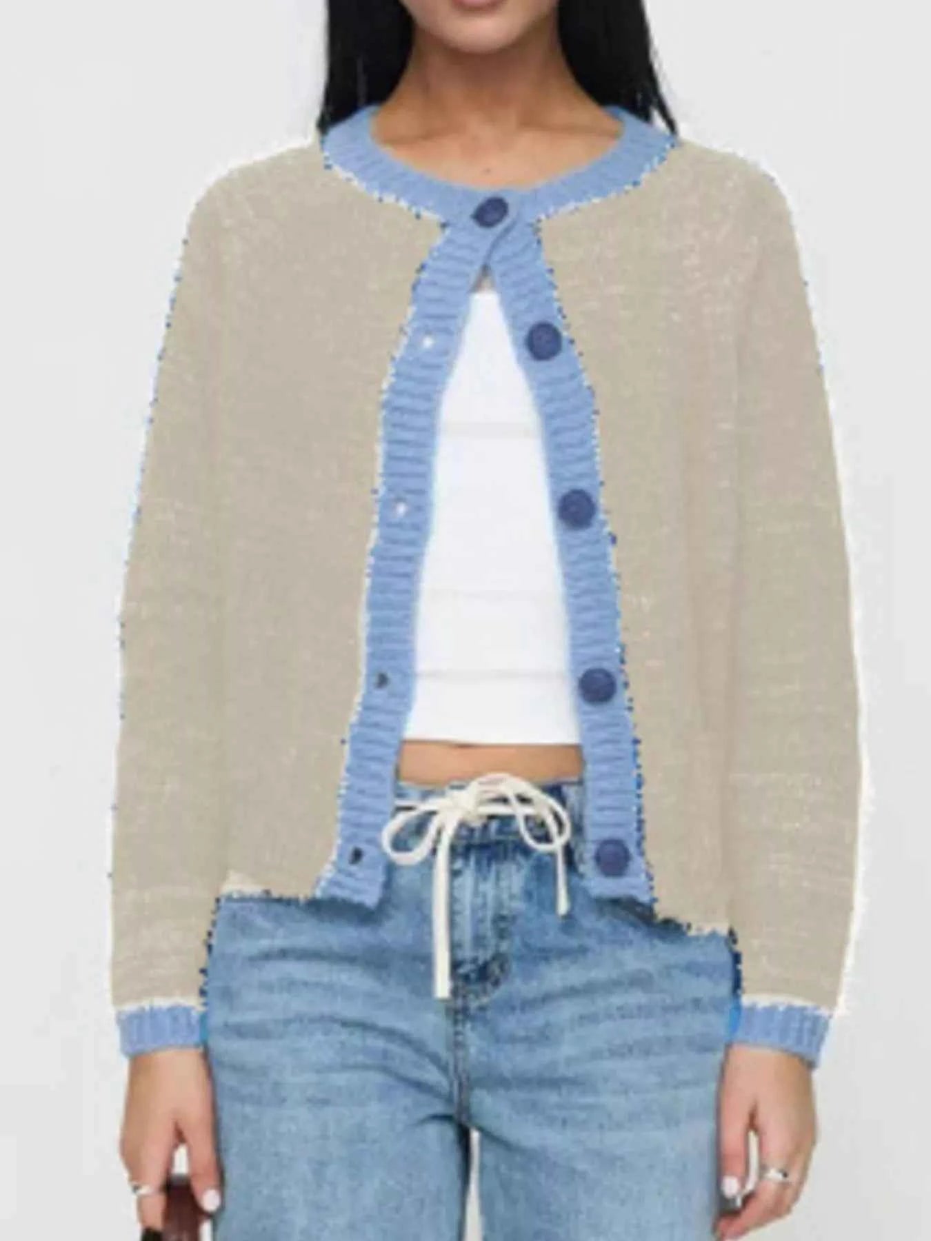 Contrast Trim Button-Up Cardigan Khaki 53b6fa5f-f0a1-42f6-bb9e-f50f59ba923a-Max-Origin