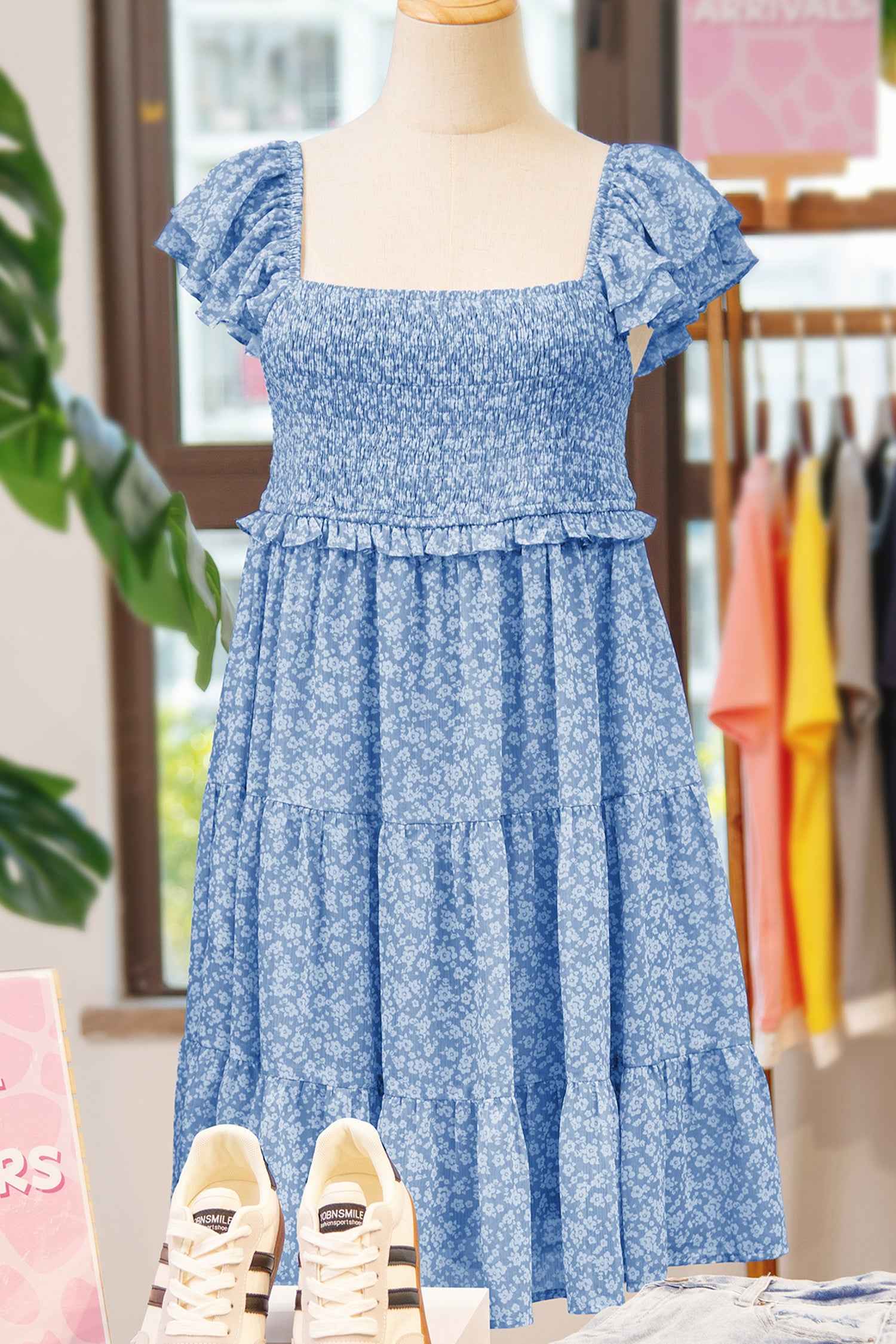 Sky Blue Floral Print Square Neck Flutter Sleeve Smocked Tiered Mini Dress 53b7fea960fdc715