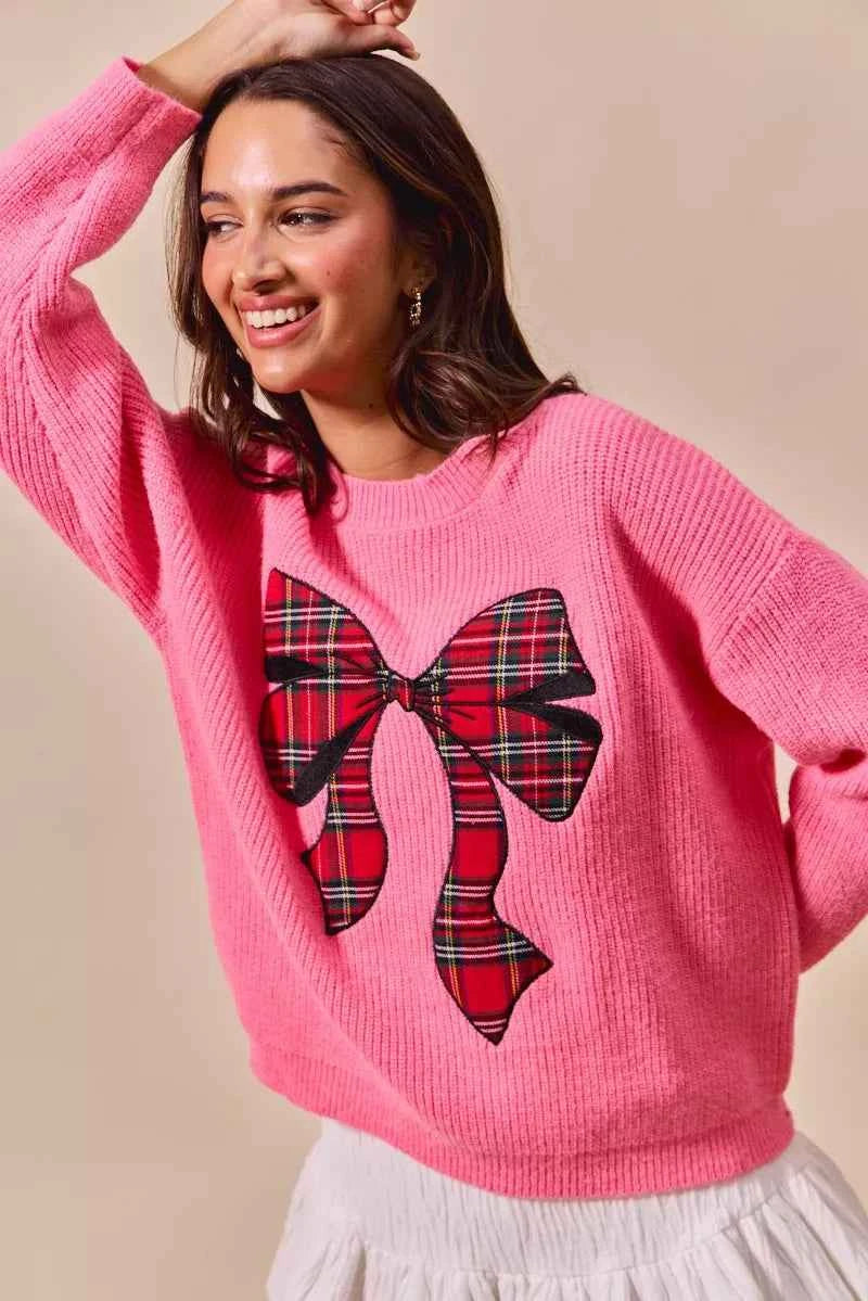 SO ME Checker Plaid Ribbon Christmas Holiday Sweater 53ba250af6724cf7905acfaf66a210e9-Max-Origin