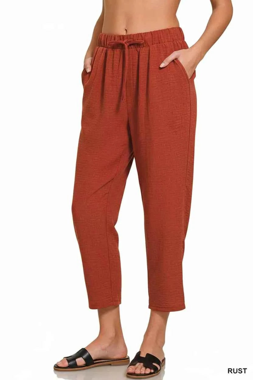 Zenana Woven Crepe Elastic Band Waist Pants RUST 53ba2e7b-153b-4106-96bb-7939059101b3-Max-Origin