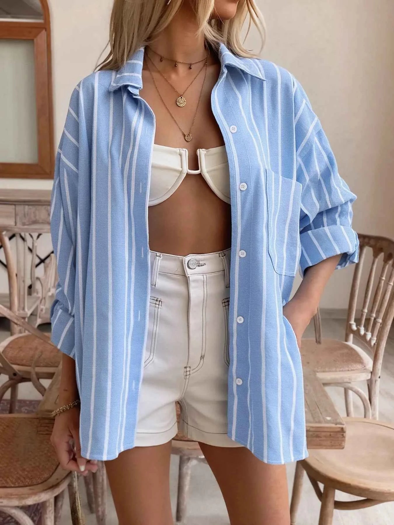 Striped Oversized Button-Down Shirt 53bcb2eb48b84242b9c3df1492530508-Max-Origin