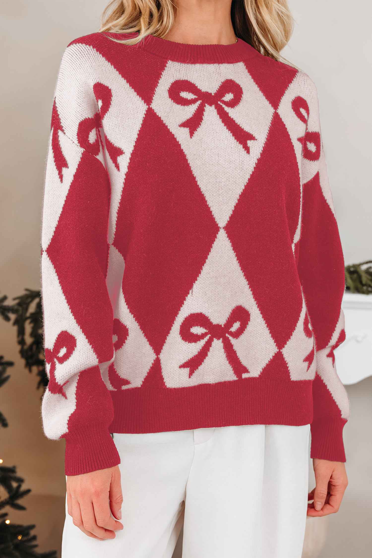 Red Bow Print 2-tone Rhombus Knit Loose Sweater 53c399451654ce8a