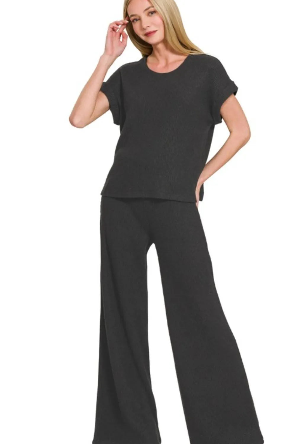 Zenana Rolled Sleeve Top and Pants Sweater Set BLACK 53c586a0-59c8-4b62-bf14-bd1214adcf2d-Max-Origin