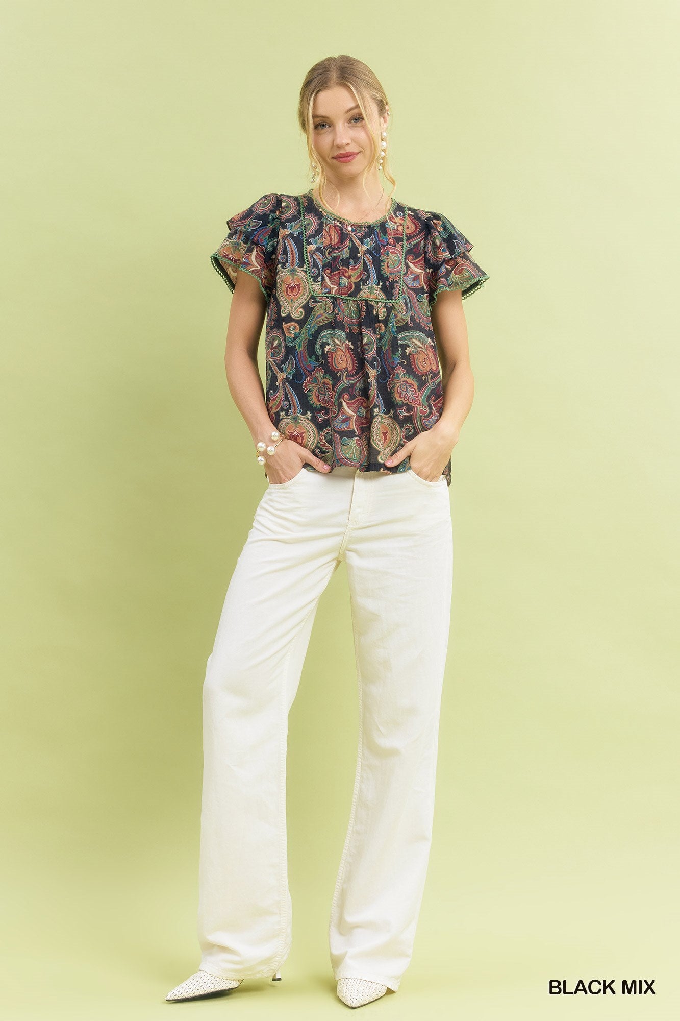 Umgee Mix Paisley Ruffle Sleeve Top 53ce57bf-abbd-4d05-8a22-498b027b866b-Max