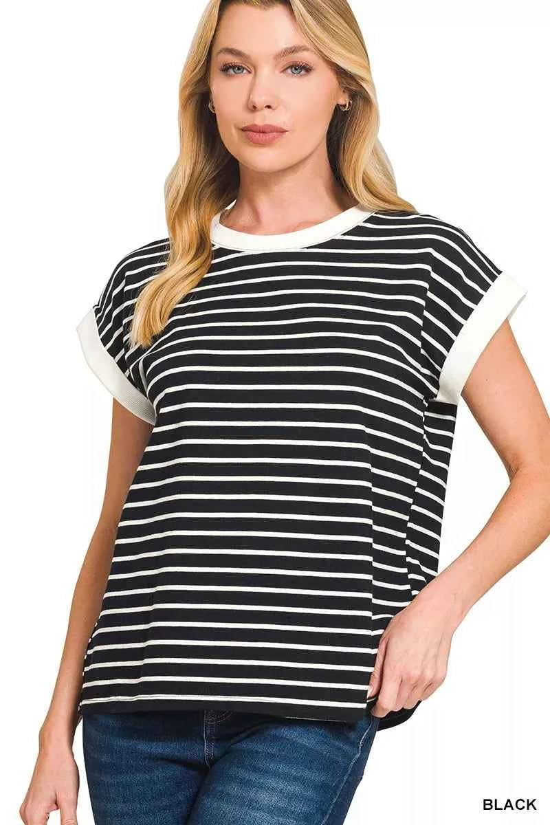Zenana Full Size Contrast Trim Cap Sleeve Stripe Tee Plus Size BLACK 53cf876486364a4fa0cb7b4154c082f0-Max-Origin