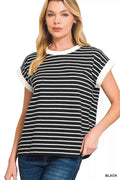 Zenana Full Size Contrast Trim Cap Sleeve Stripe Tee Plus Size BLACK 53cf876486364a4fa0cb7b4154c082f0-Max-Origin
