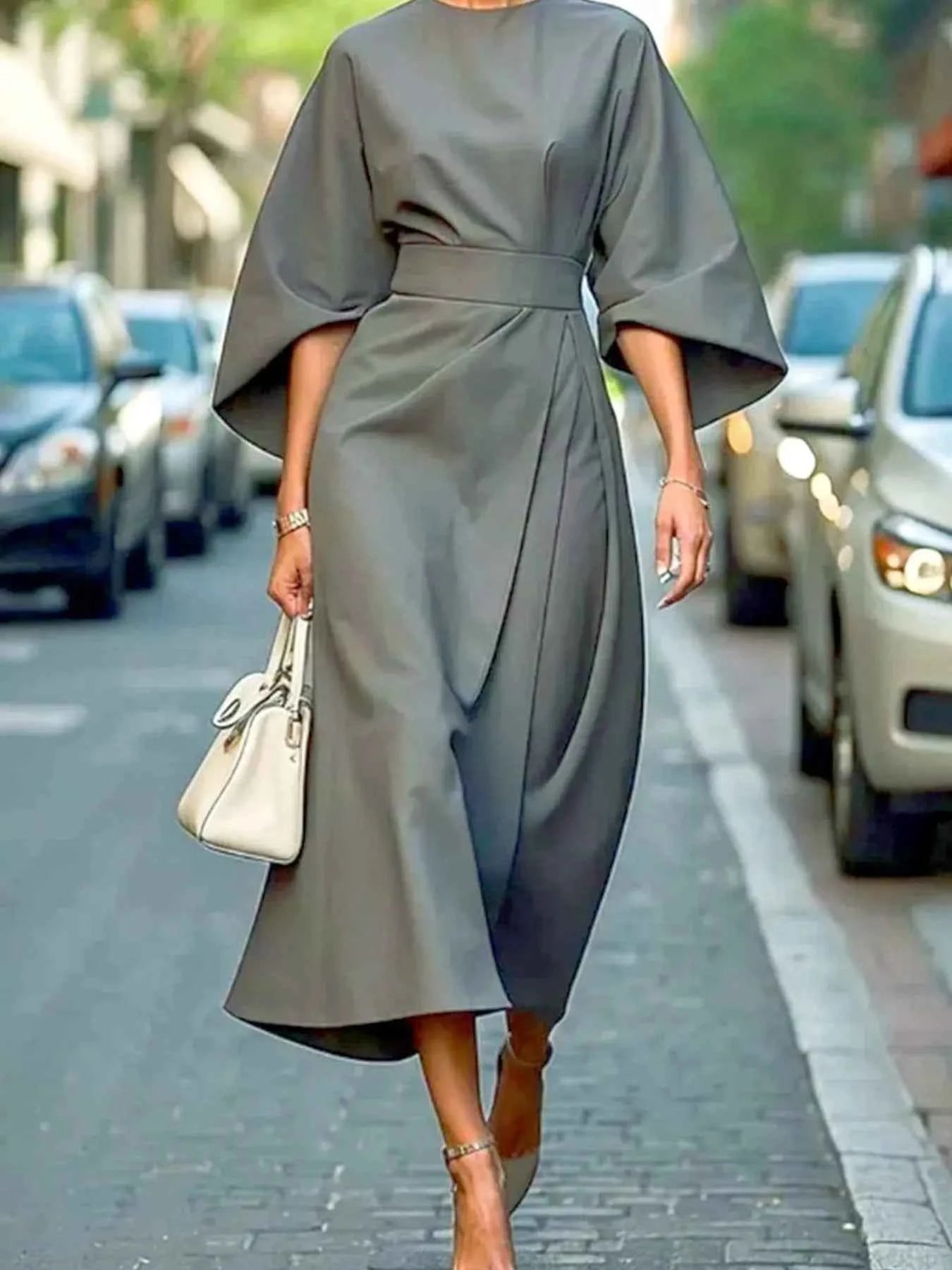 Round Neck 3/4 Sleeve Dress Gray 53d52e2f12b04124acd960125b85fd08-Max-Origin