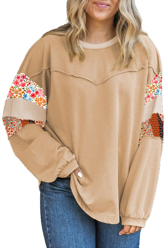 Khaki Exposed Seam Floral Mixed Patchwork Plus Size Top Khaki 80%Polyester+20%Cotton 53d54cf6f81f840e
