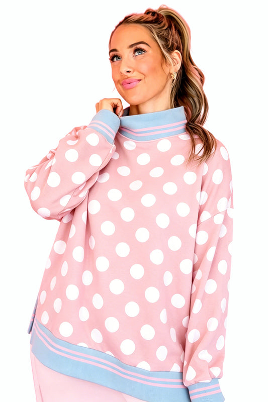 Pink ka Dot Striped Trim Mock Neck Sweatshirt 53d5bab705f4fb8c