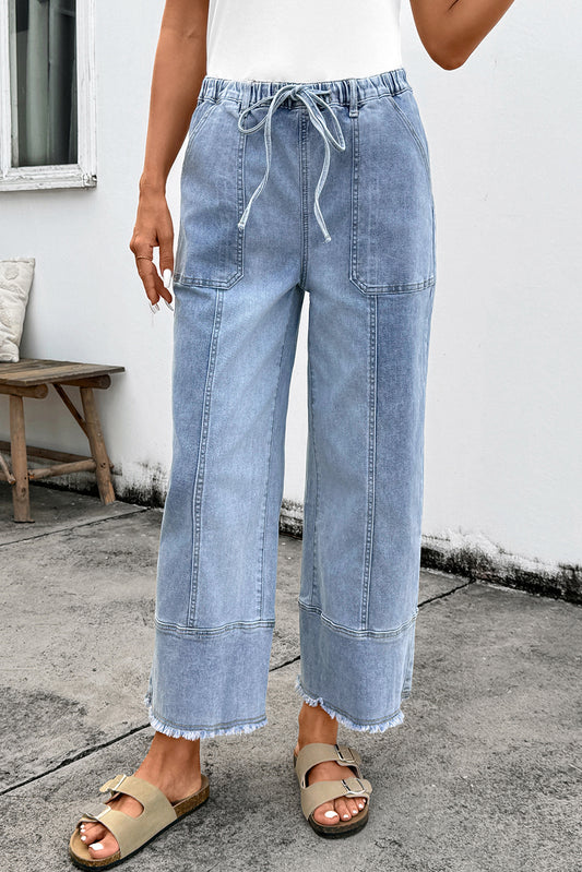 Beau Blue Drawstring Seam Detail Raw Hem Wide Leg Denim Pants 53d61625d0a171a9