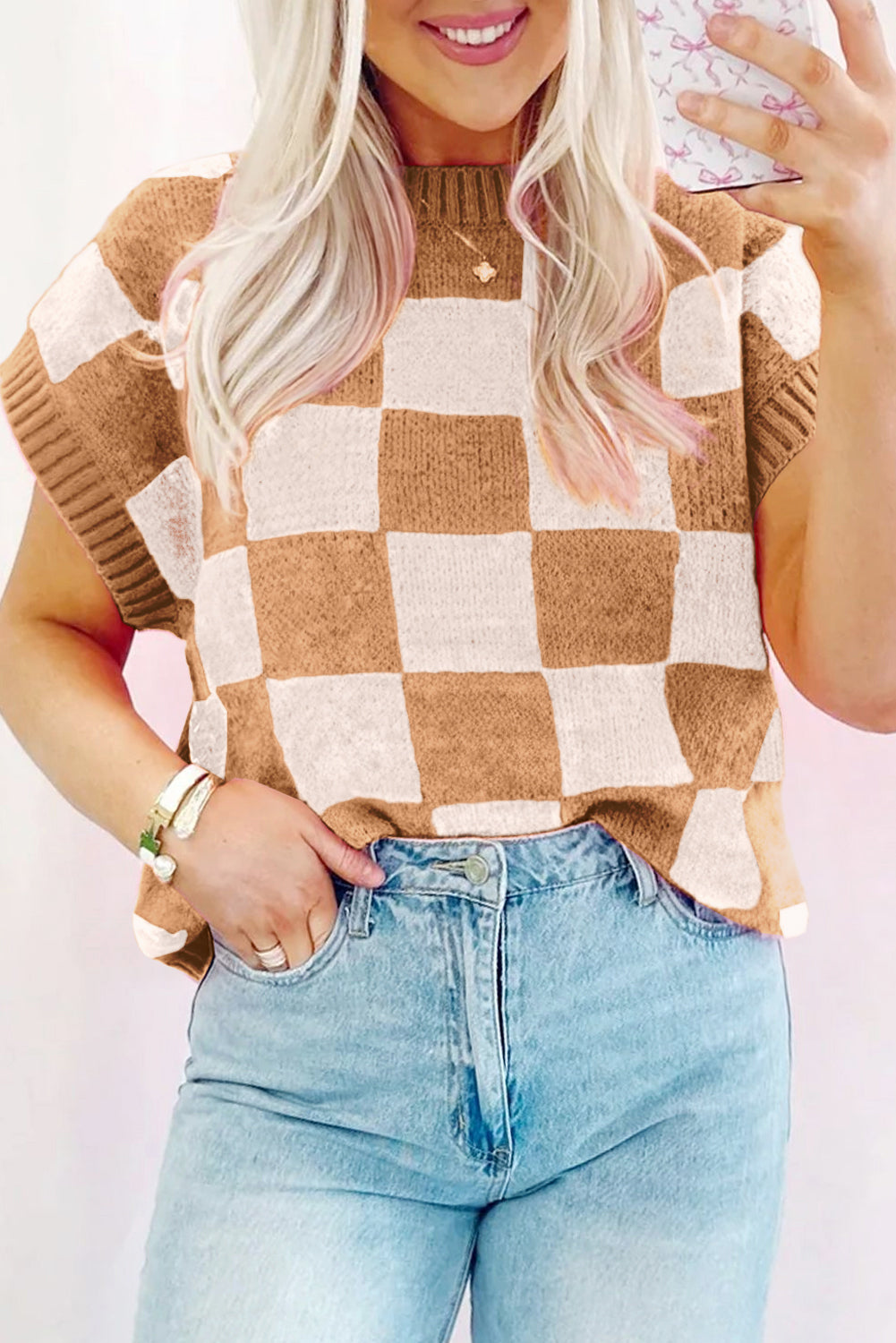 Light French Beige Checkered Knit Dolman Short Sleeve Sweater Light French Beige 50%Viscose+28%Polyester+22%Polyamide 53d80541a7c8538e
