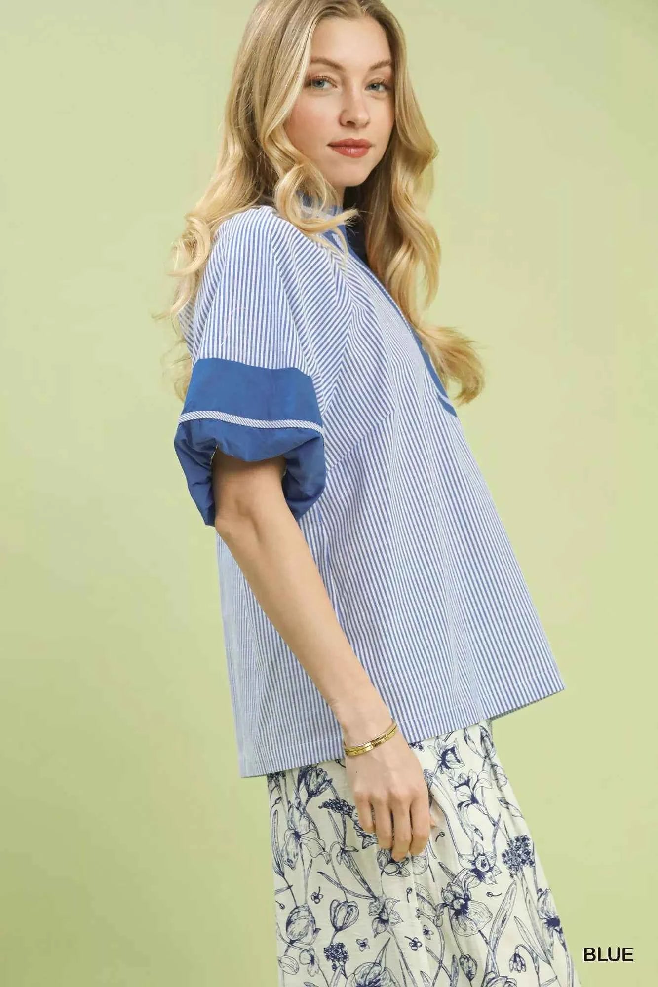 Umgee Striped Mixed Puff Sleeve Blouse 53d8f8b5-0dfb-468a-9398-751f906ba707-Max-Origin