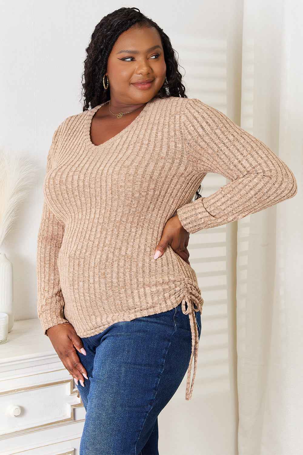 Double Take Drawstring Ribbed Long Sleeve T-Shirt 53db73b7d29e4f00803509e9bf261717-Max