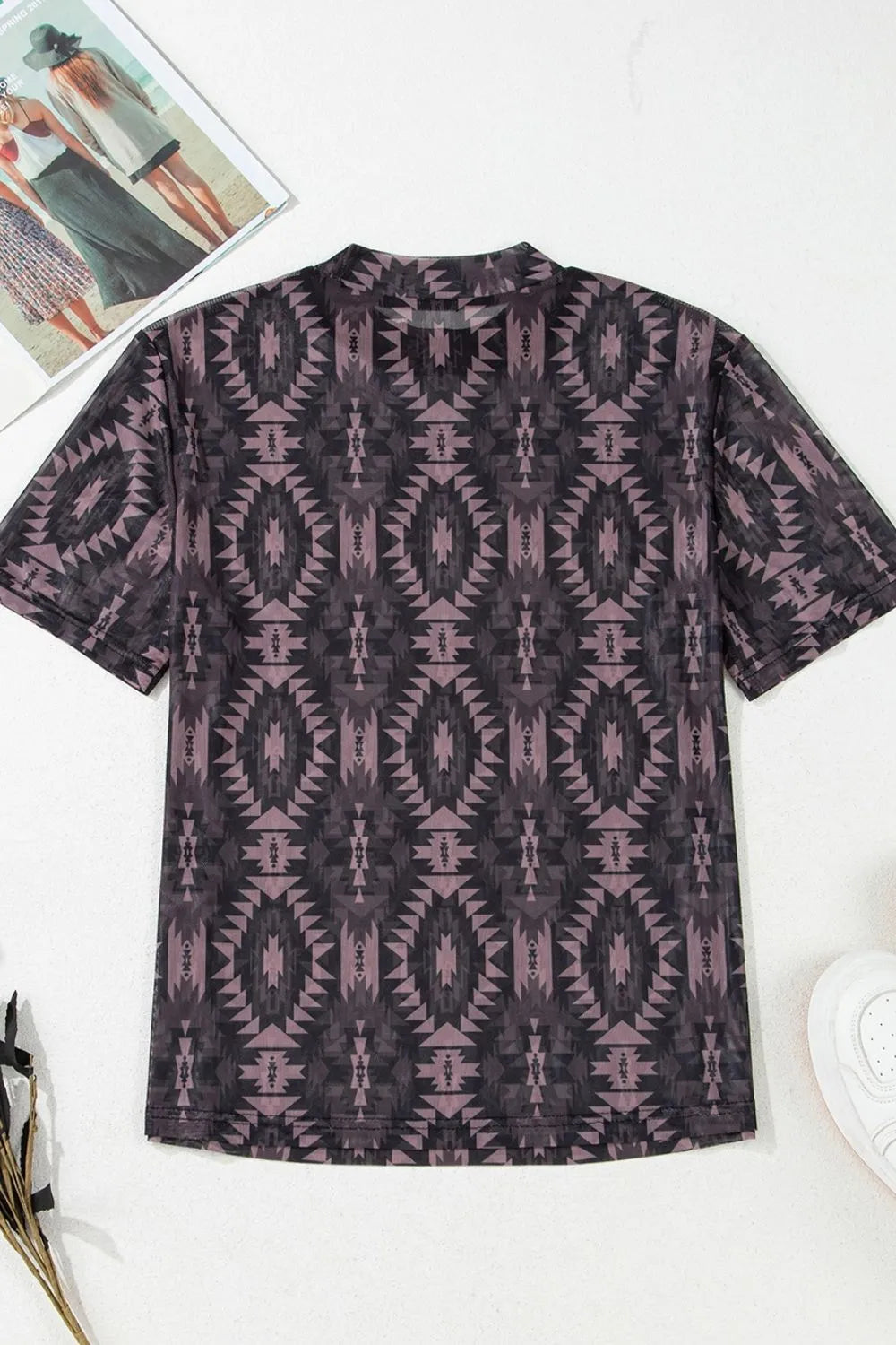 Aztec Print Mock Neck Short Sleeve Mesh T Shirt 53dc8d98-2f25-40a0-86b8-7d3983be7b50-Max-Origin