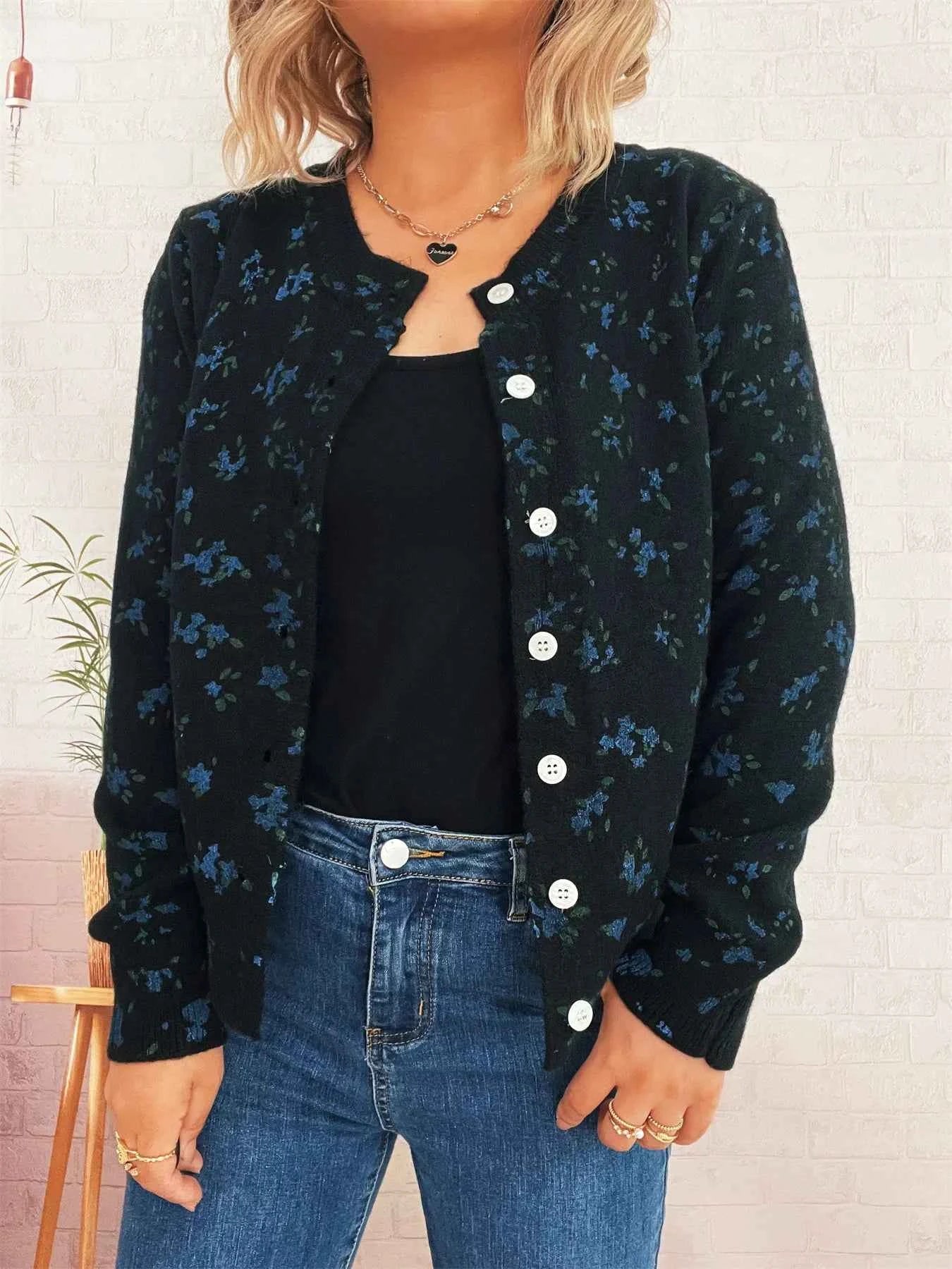 Floral Button-Up Long Sleeve Cardigan Black One Size 53dd4ee63e834ed0aa0bf70fe1f15196-Max-Origin