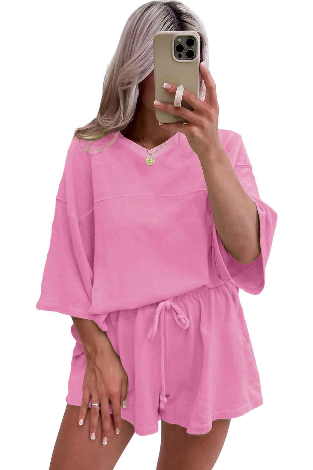 Bonbon Loose V Neck Tee and Drawstring Shorts Set 53df18dbb1206c9b