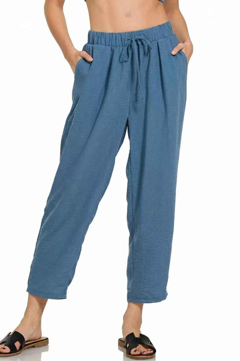 Zenana Woven Crepe Elastic Band Waist Pants 53e56f48-ab1c-4afd-a9ab-a8a5620a2ae1-Max-Origin