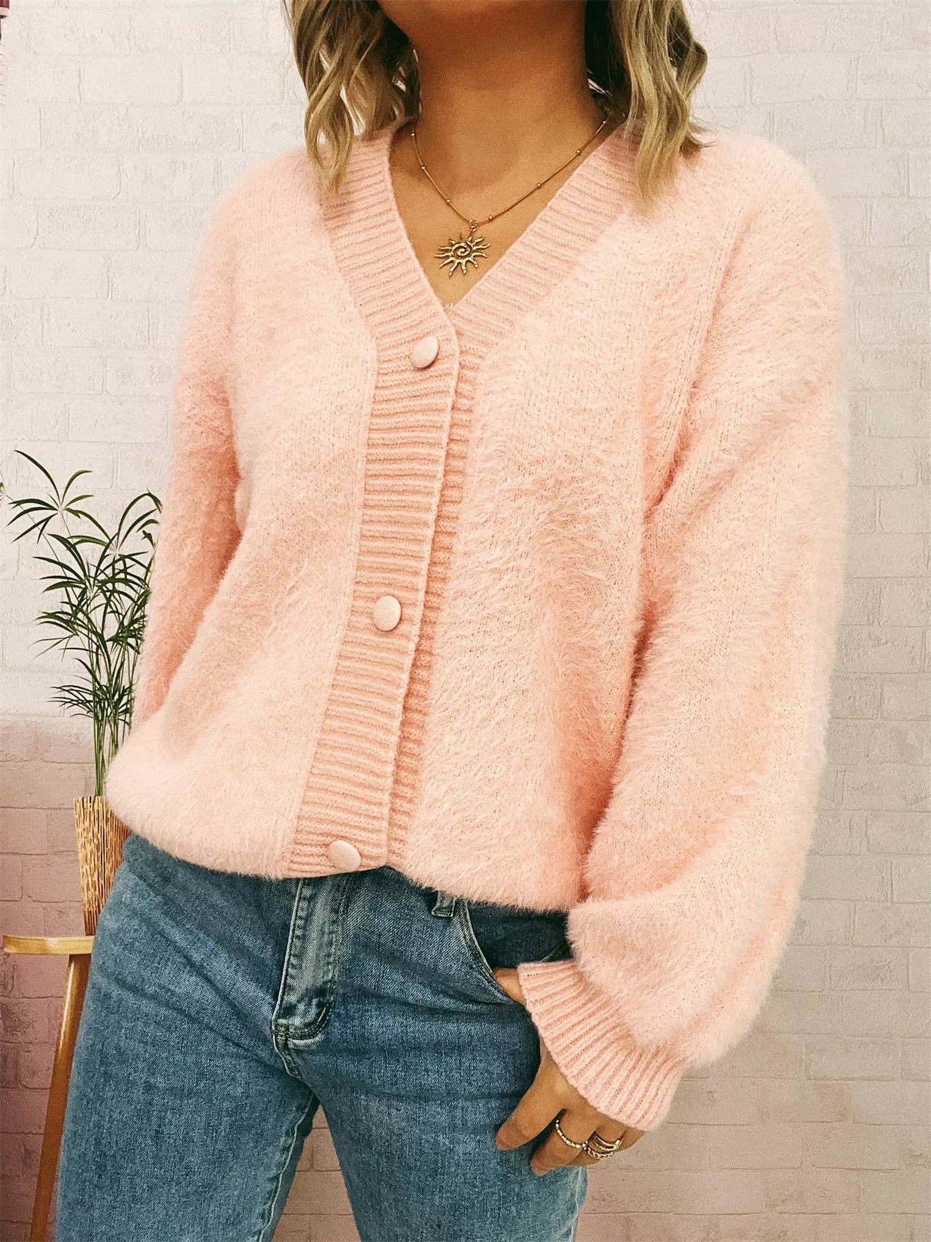 Fuzzy Button-Up Long Sleeve Cardigan 53e65520372a4ea5ba3771c71b531595-Max-Origin