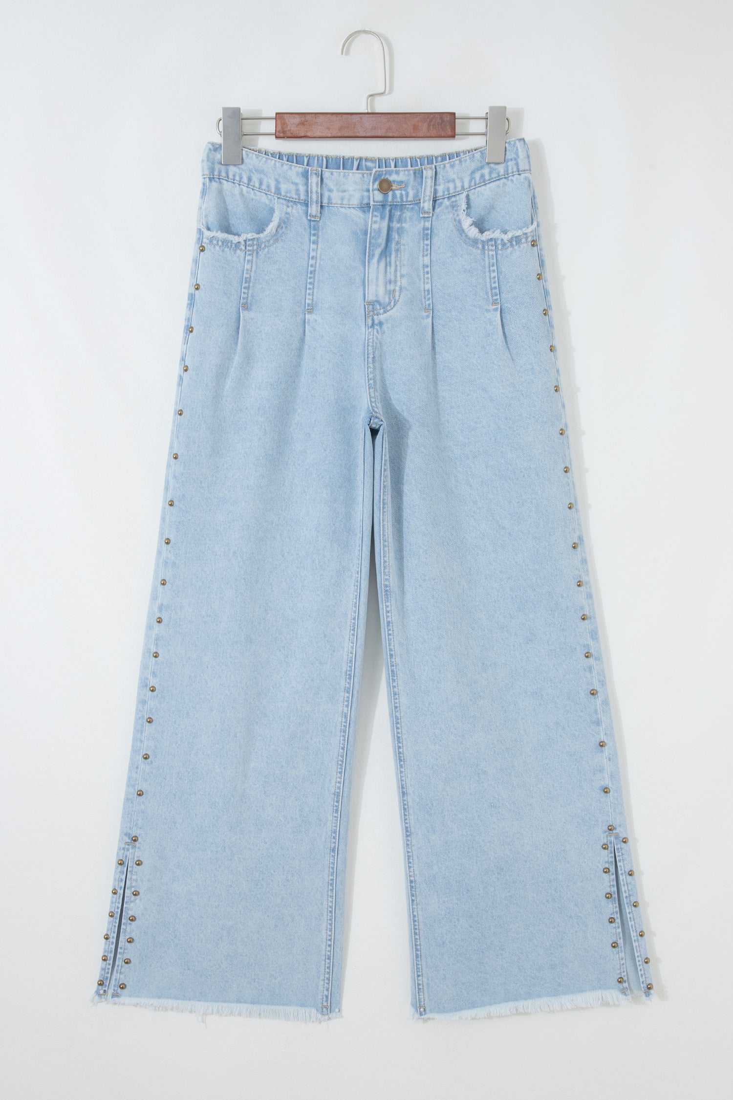 Beau Blue Studded Side Slit Leg Frayed Pocketed Wide Leg Jeans 53ec70bc8c5a9ba3