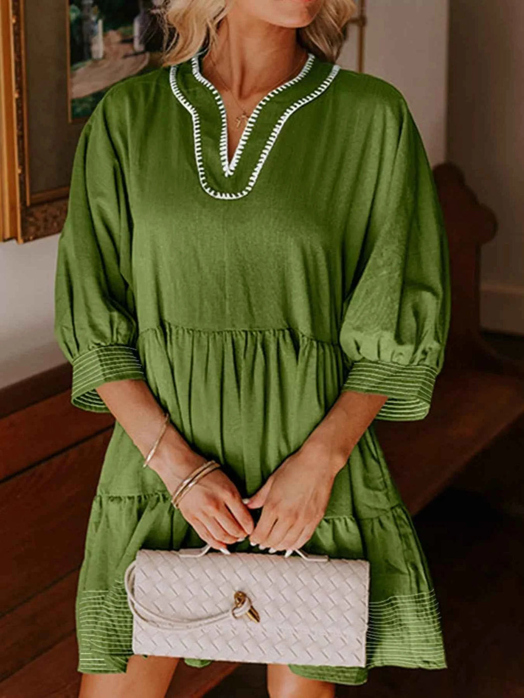Striped Hem 3/4 Sleeve Tiered Dress 53edef8f-869f-4653-809c-9c76fdb8e5bc-Max-Origin