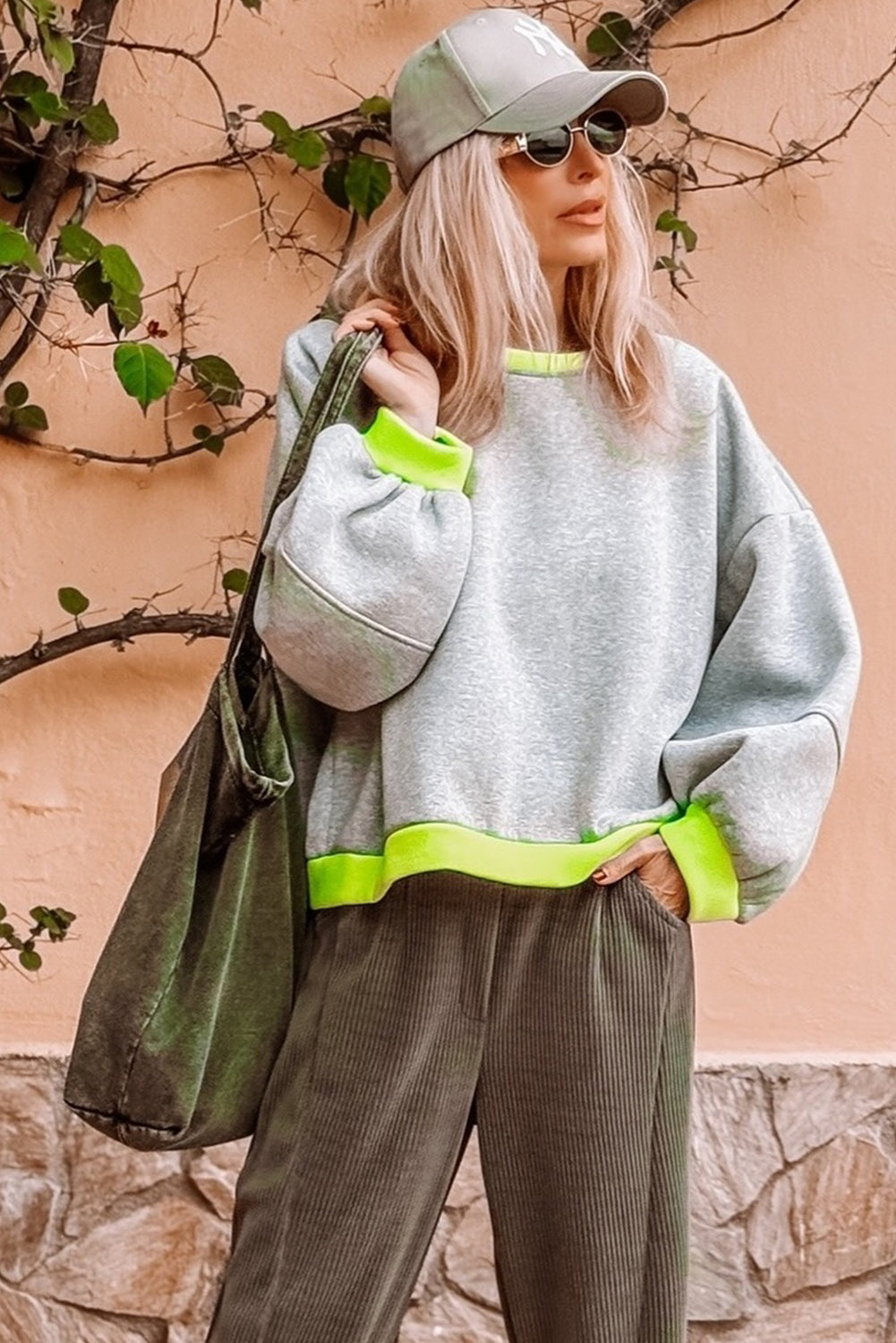 Light Grey Contrast Color Patchwork Drop Sleeve Loose Sweatshirt 53f02e7989a17a66