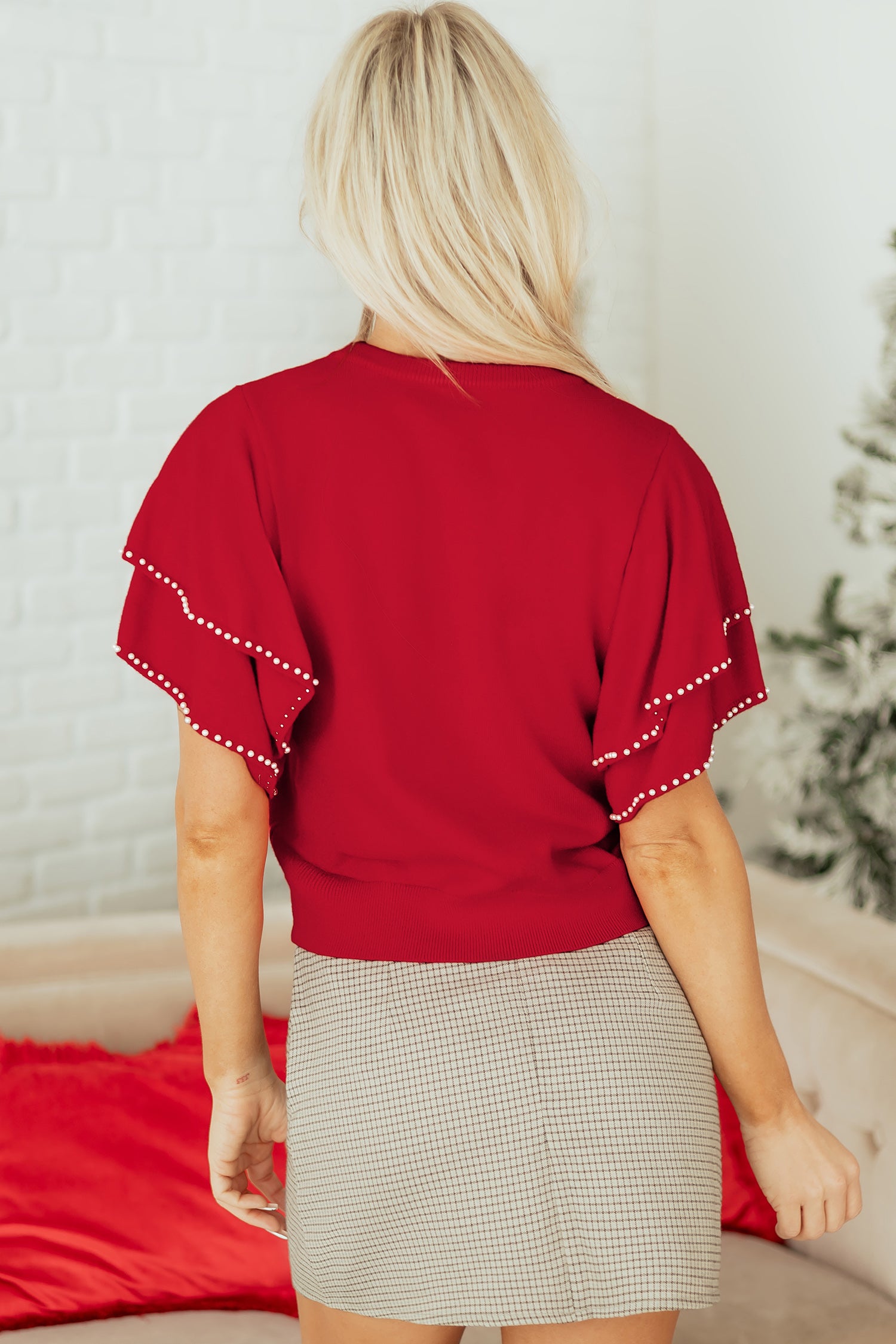Racing Red Pearl Embellished Double Ruffle Short Sleeve Sweater 53f0a0e17a826db4