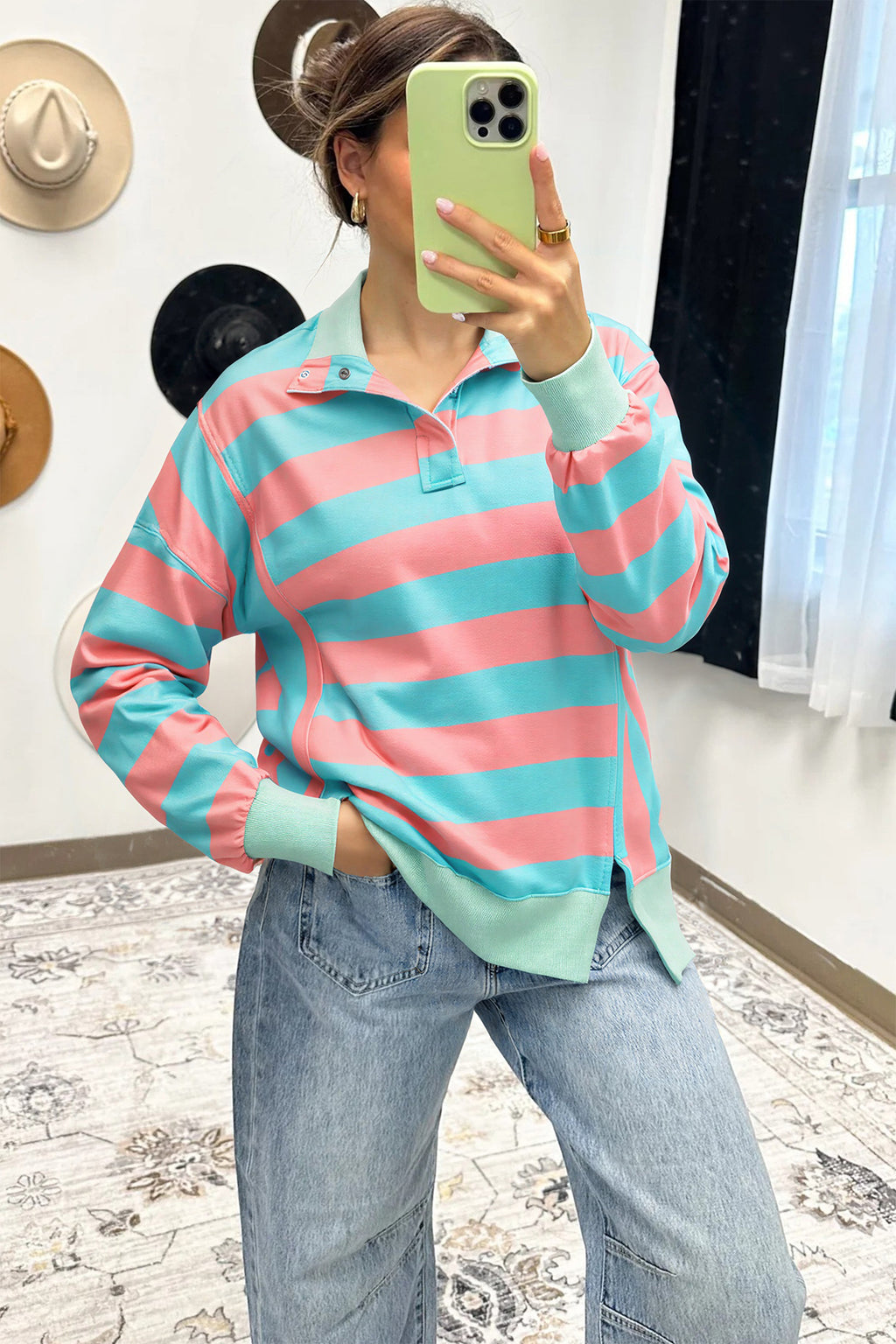 Pink Stripe Colorblock Drop Shoulder Buttoned Collar Side Slit Pullover Top 53f76565325a8be7