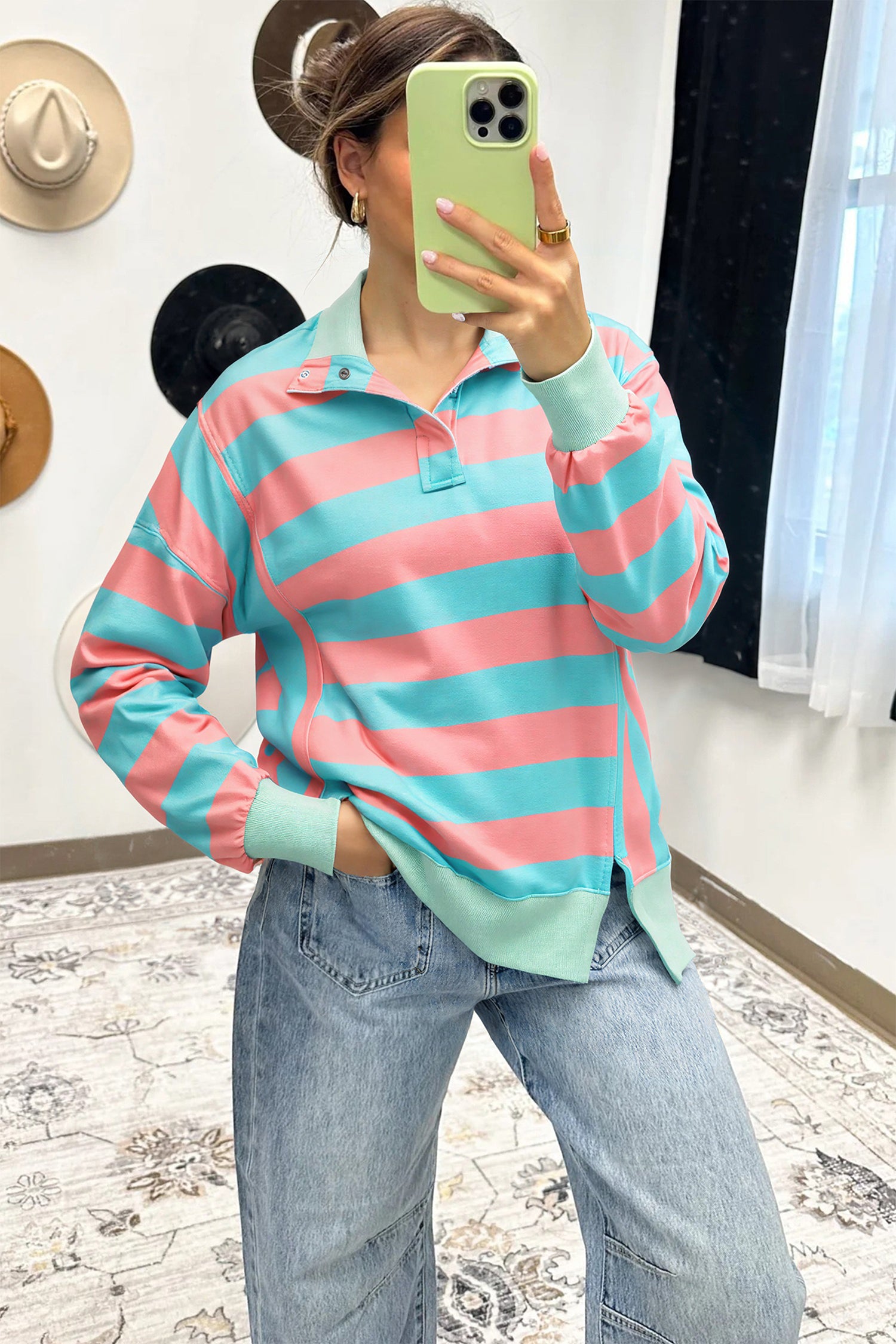 Pink Stripe Colorblock Drop Shoulder Buttoned Collar Side Slit Pullover Top 53f76565325a8be7