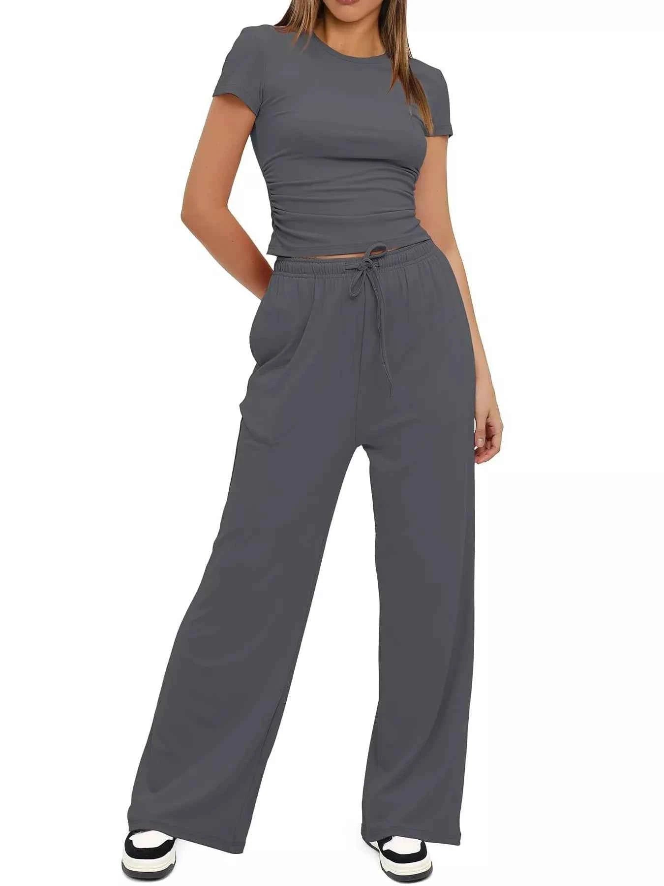 Round Neck Short Sleeve T-Shirt and Pants Set Grey 53f954b4a8b64c09852216575863eced-Max-Origin
